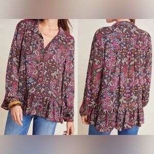 Anthropologie Maeve Janie Flounced Peasant Blouse - purple paisley/floral, L